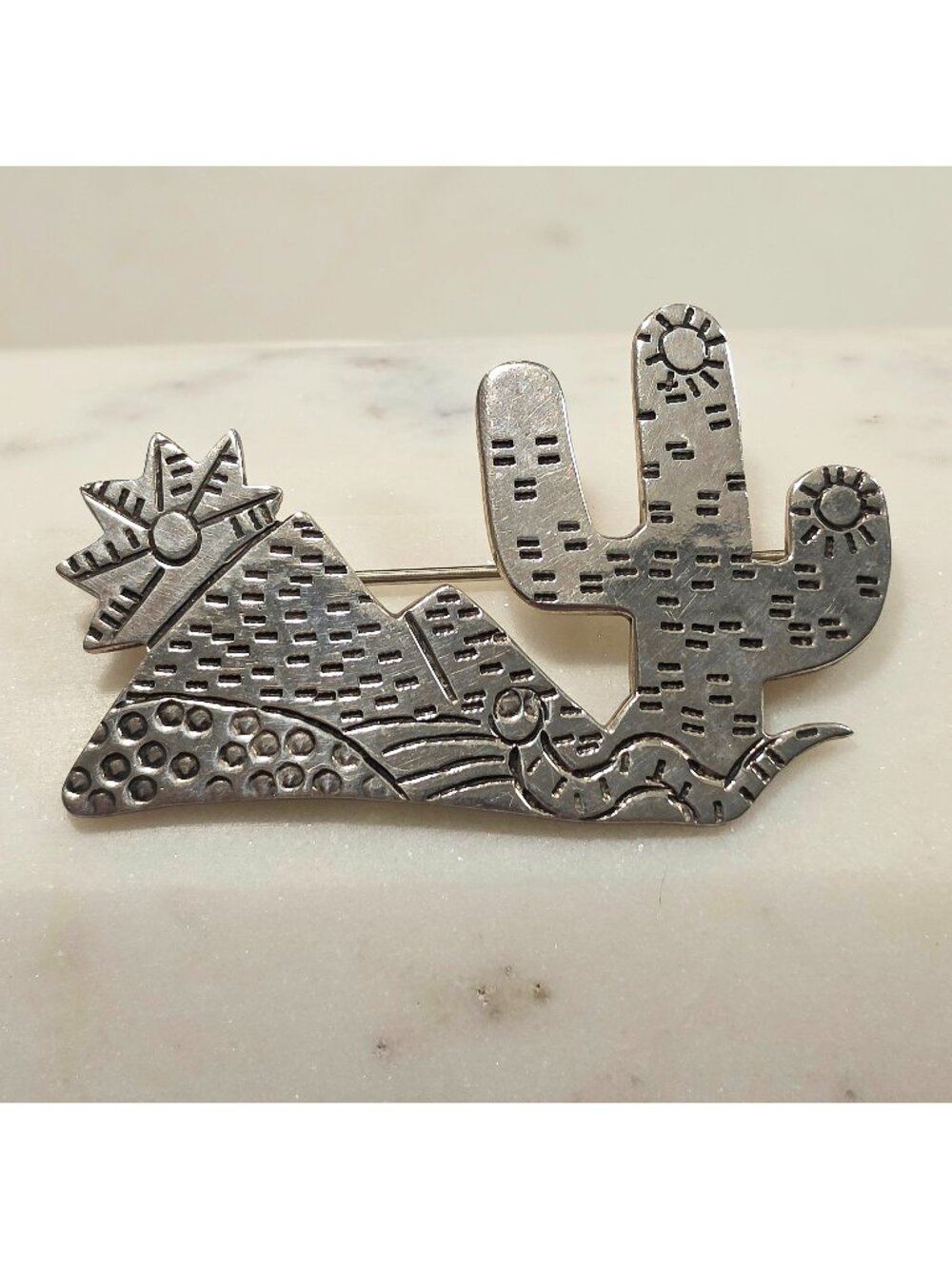 Vintage Monte Taxco Mexico Sterling Silver Saguaro & Snake Desert Brooch